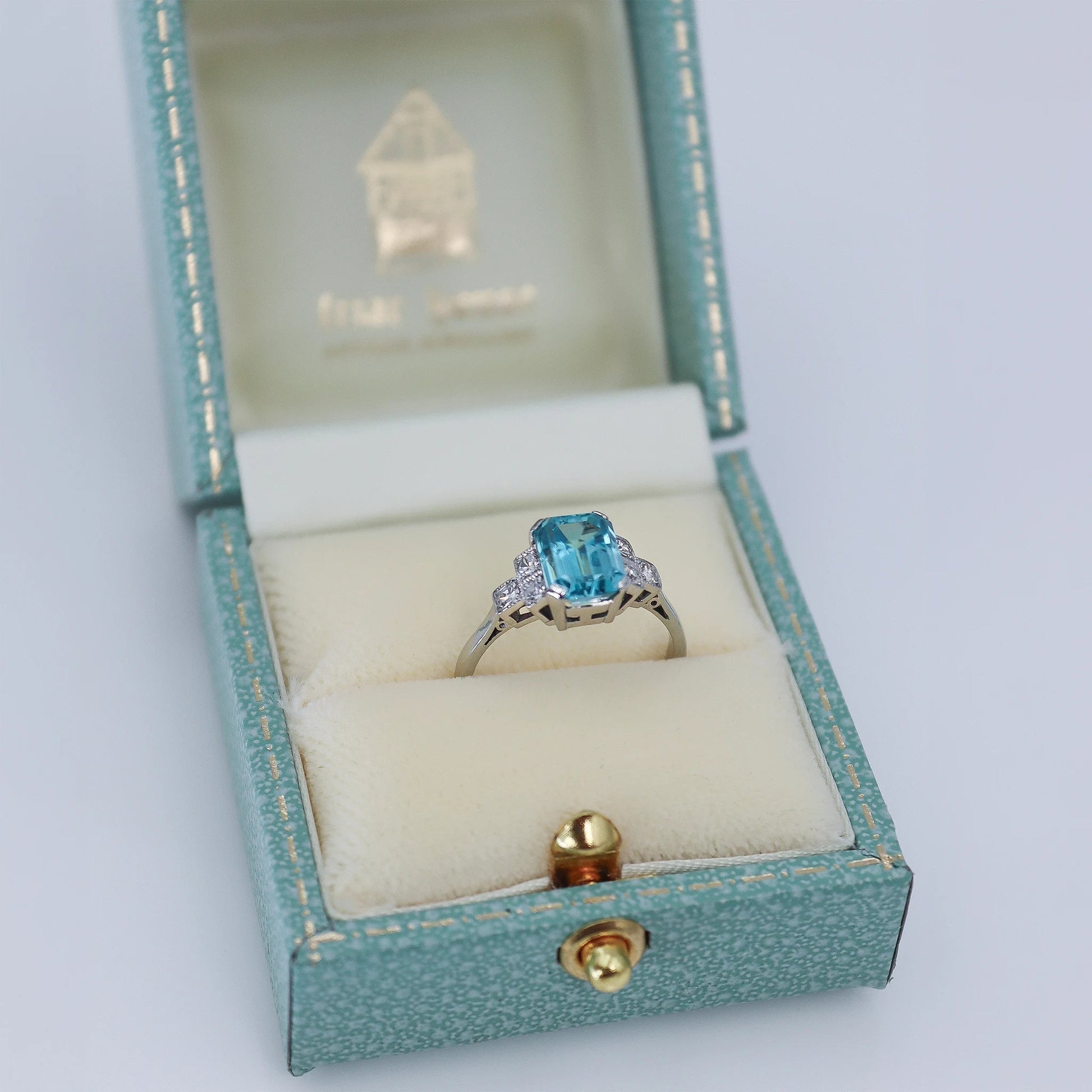 Art Deco 18ct White Gold 2.5 Carat Blue Zircon Ring - Friar House