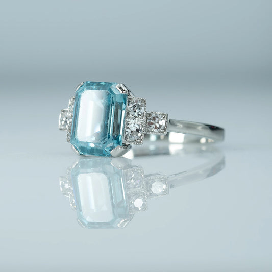 Art Deco 18ct White Gold 2.5 Carat Blue Zircon Ring - Friar House