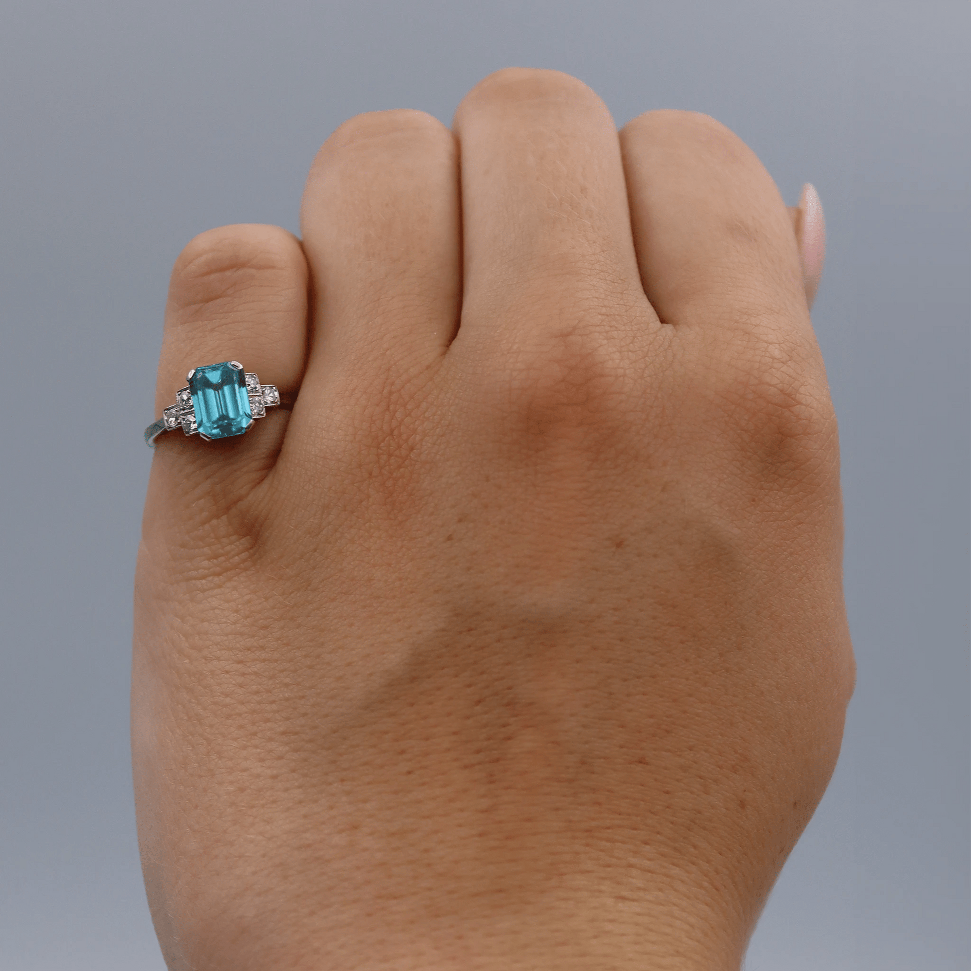 Art Deco 18ct White Gold 2.5 Carat Blue Zircon Ring - Friar House