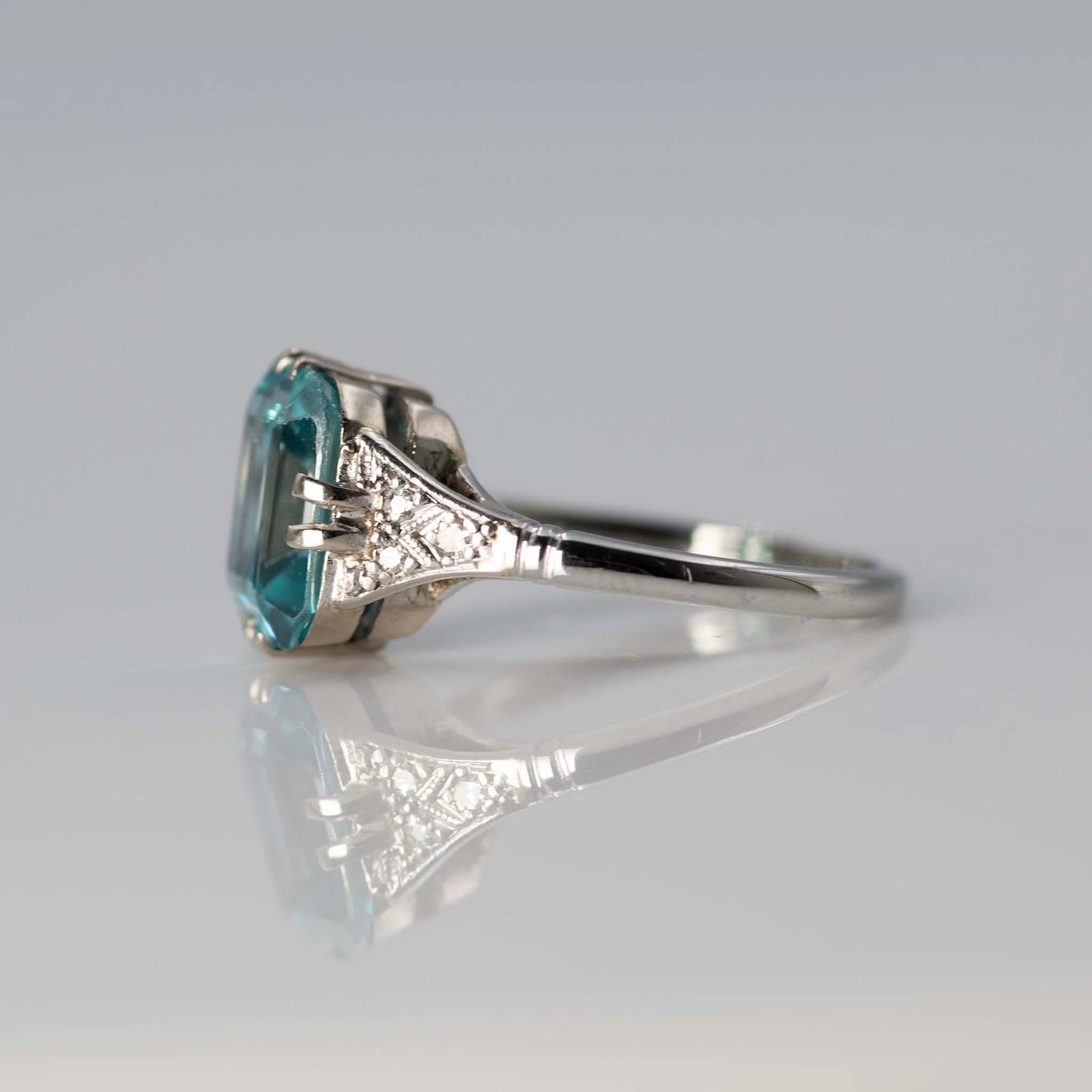 Art Deco 18ct White Gold Blue Zircon and Diamond Ring - Friar House