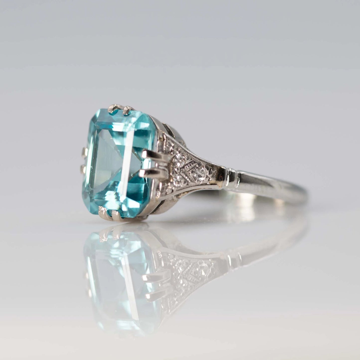 Art Deco 18ct White Gold Blue Zircon and Diamond Ring - Friar House