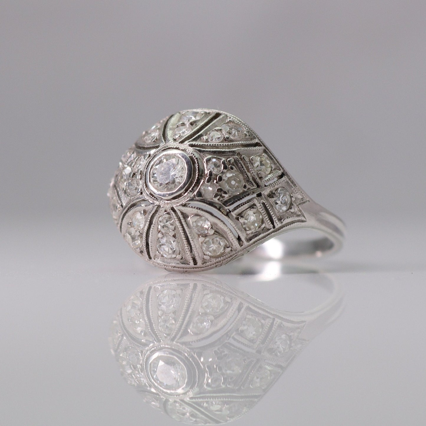 Art Deco 18ct White Gold Diamond Bombé Style Ring - Friar House