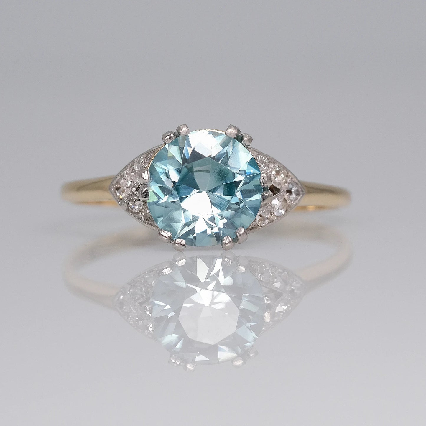 Art Deco 18ct Yellow Gold and Platinum 1.75 carat Blue Zircon Ring - Friar House