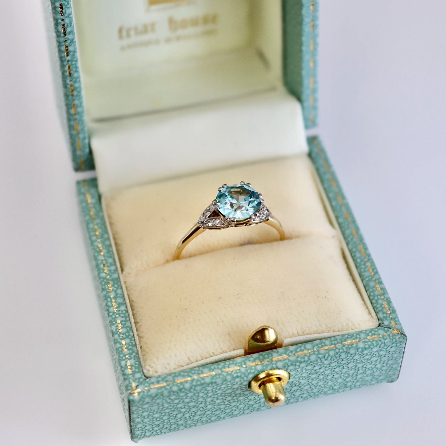 Art Deco 18ct Yellow Gold and Platinum 1.75 carat Blue Zircon Ring - Friar House