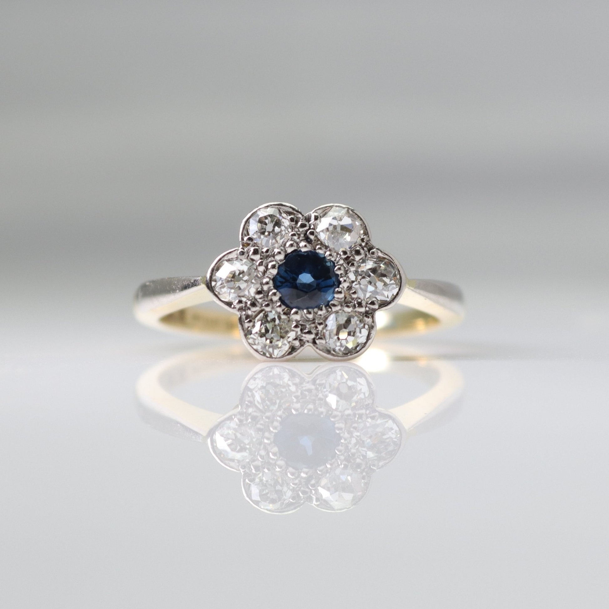 Art Deco 18ct Yellow Gold Diamond and Sapphire Daisy Cluster Ring - Friar House