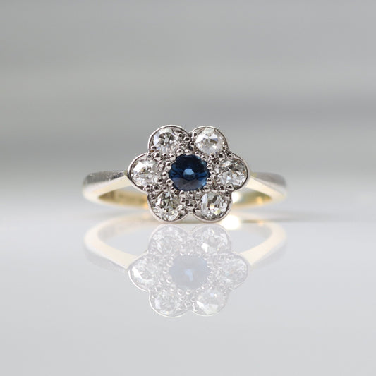 Art Deco 18ct Yellow Gold Diamond and Sapphire Daisy Cluster Ring - Friar House