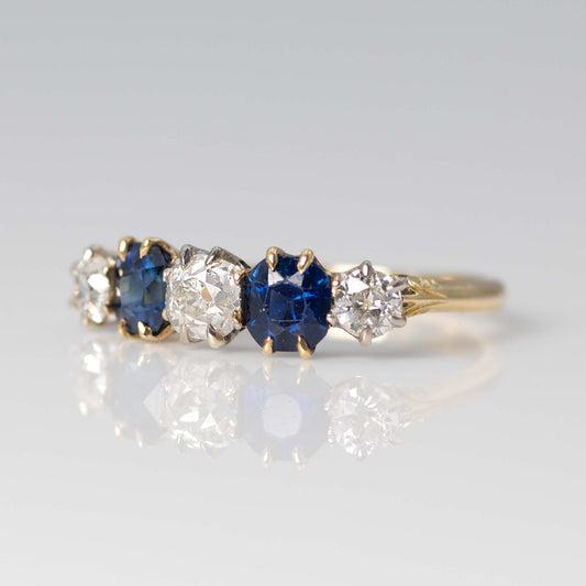 Art Deco 18ct Yellow Gold Diamond and Sapphire Five Stone Ring - Friar House