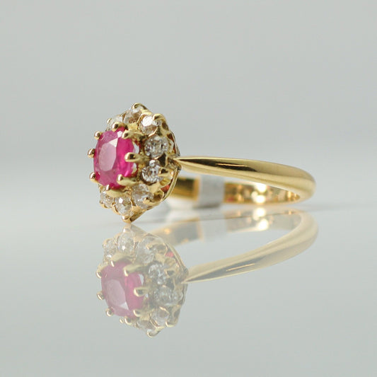 Art Deco 18ct Yellow Gold Pink Sapphire and Diamond Cluster Ring - Friar House