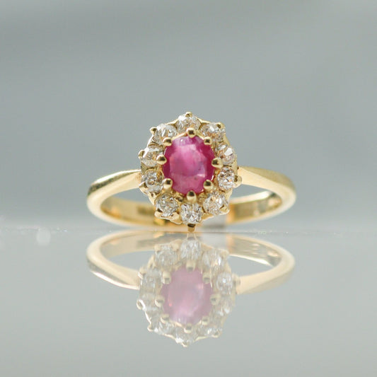 Art Deco 18ct Yellow Gold Pink Sapphire and Diamond Cluster Ring - Friar House