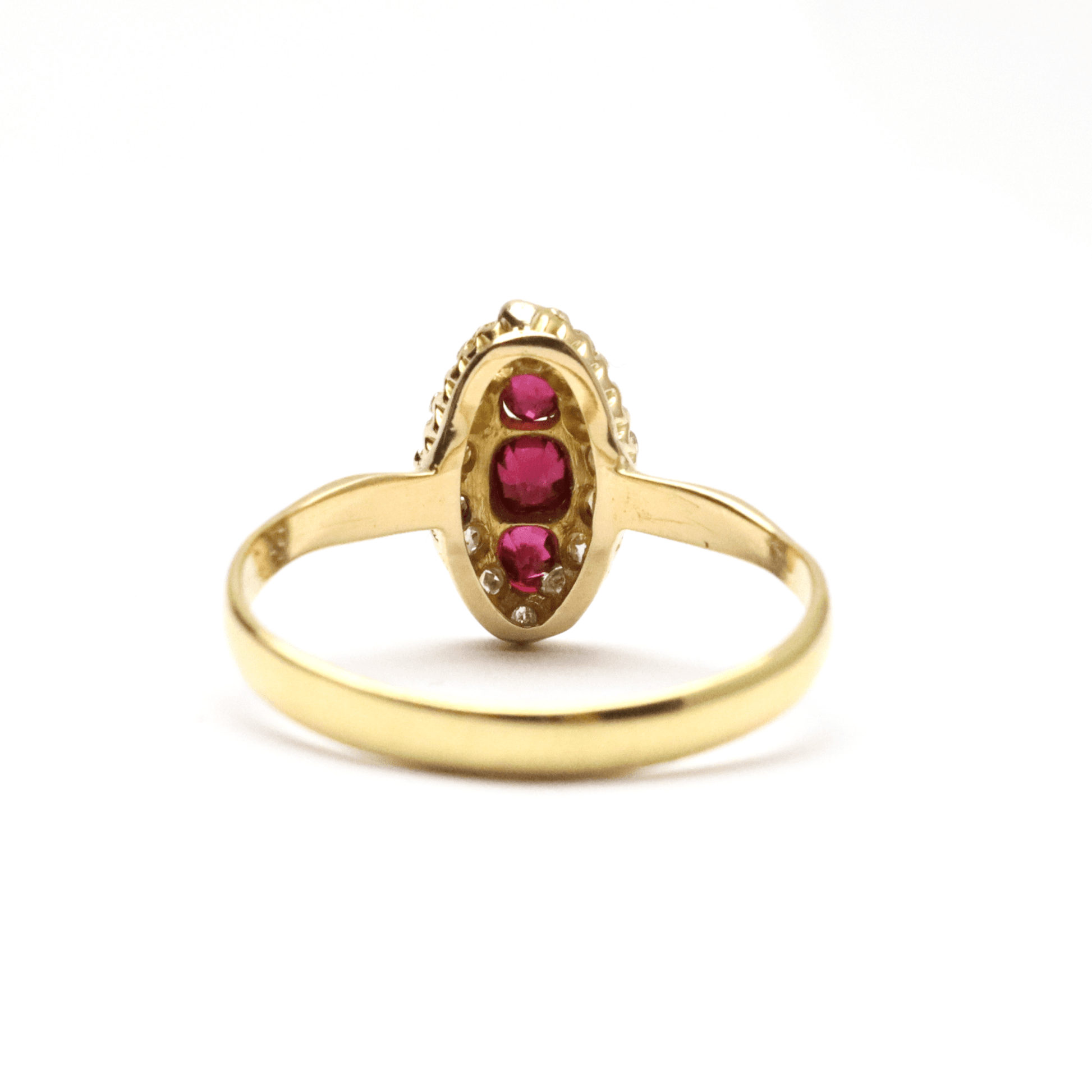 Art Deco 18ct Yellow Gold Ruby and Diamond Navette Ring - Friar House