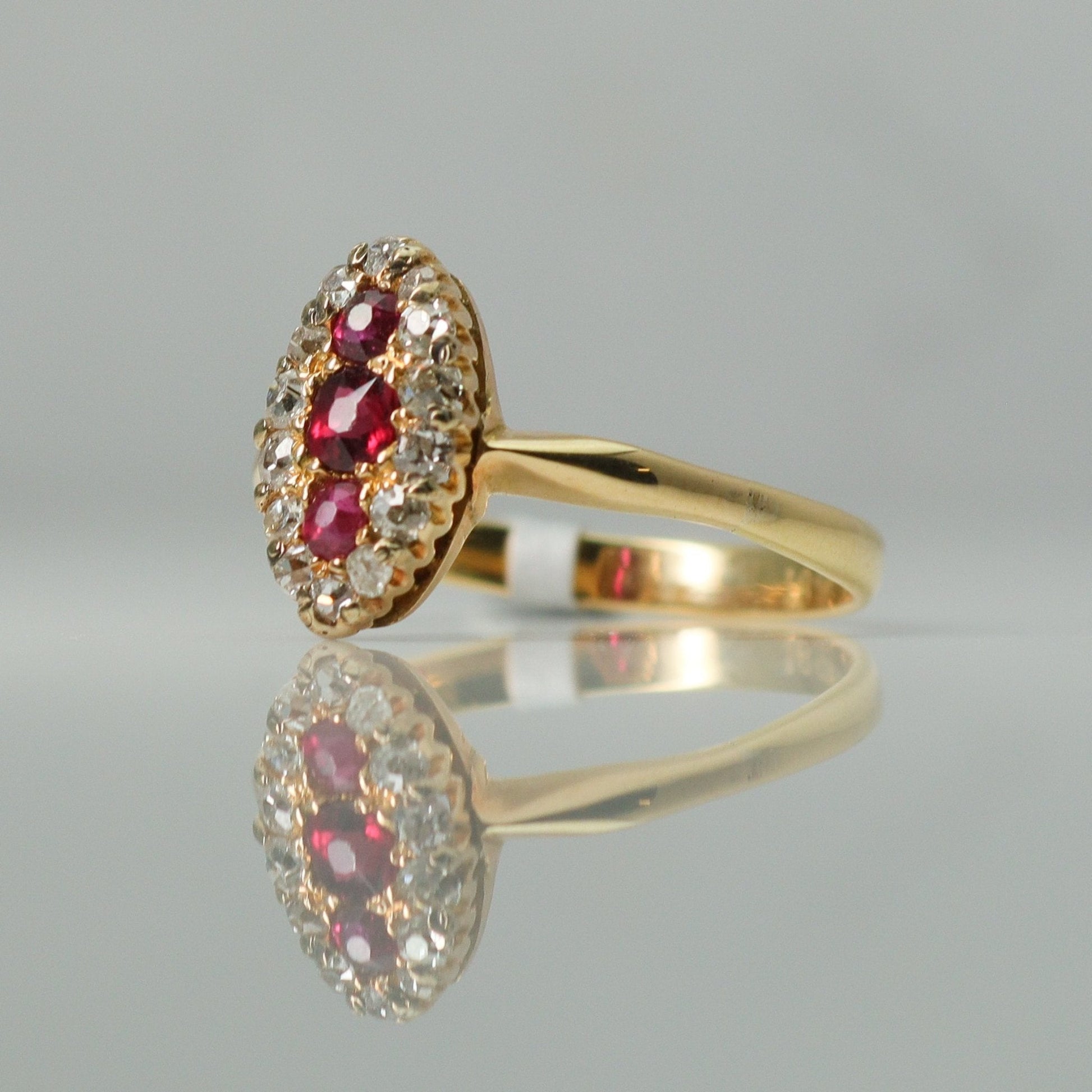 Art Deco 18ct Yellow Gold Ruby and Diamond Navette Ring - Friar House