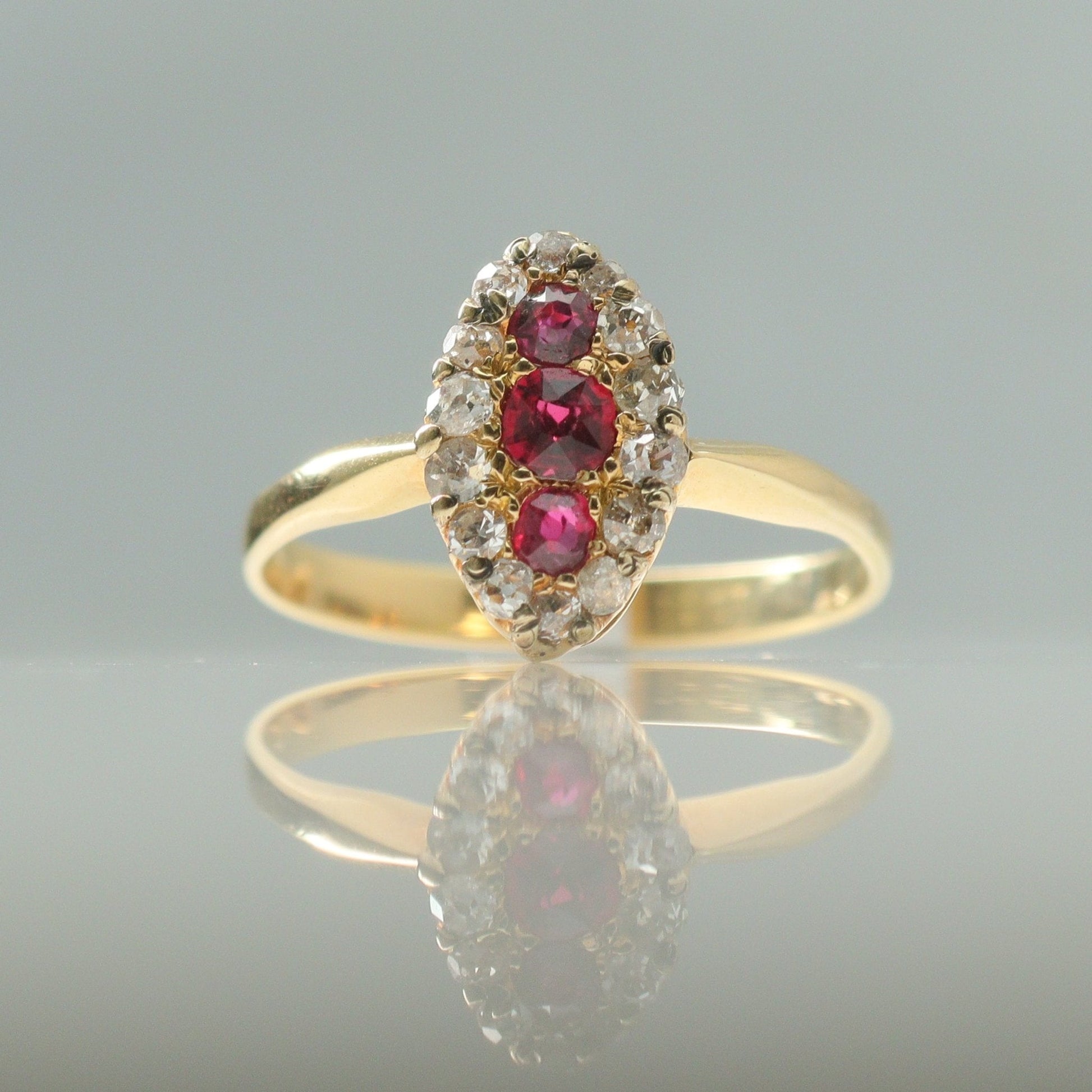 Art Deco 18ct Yellow Gold Ruby and Diamond Navette Ring Friar House