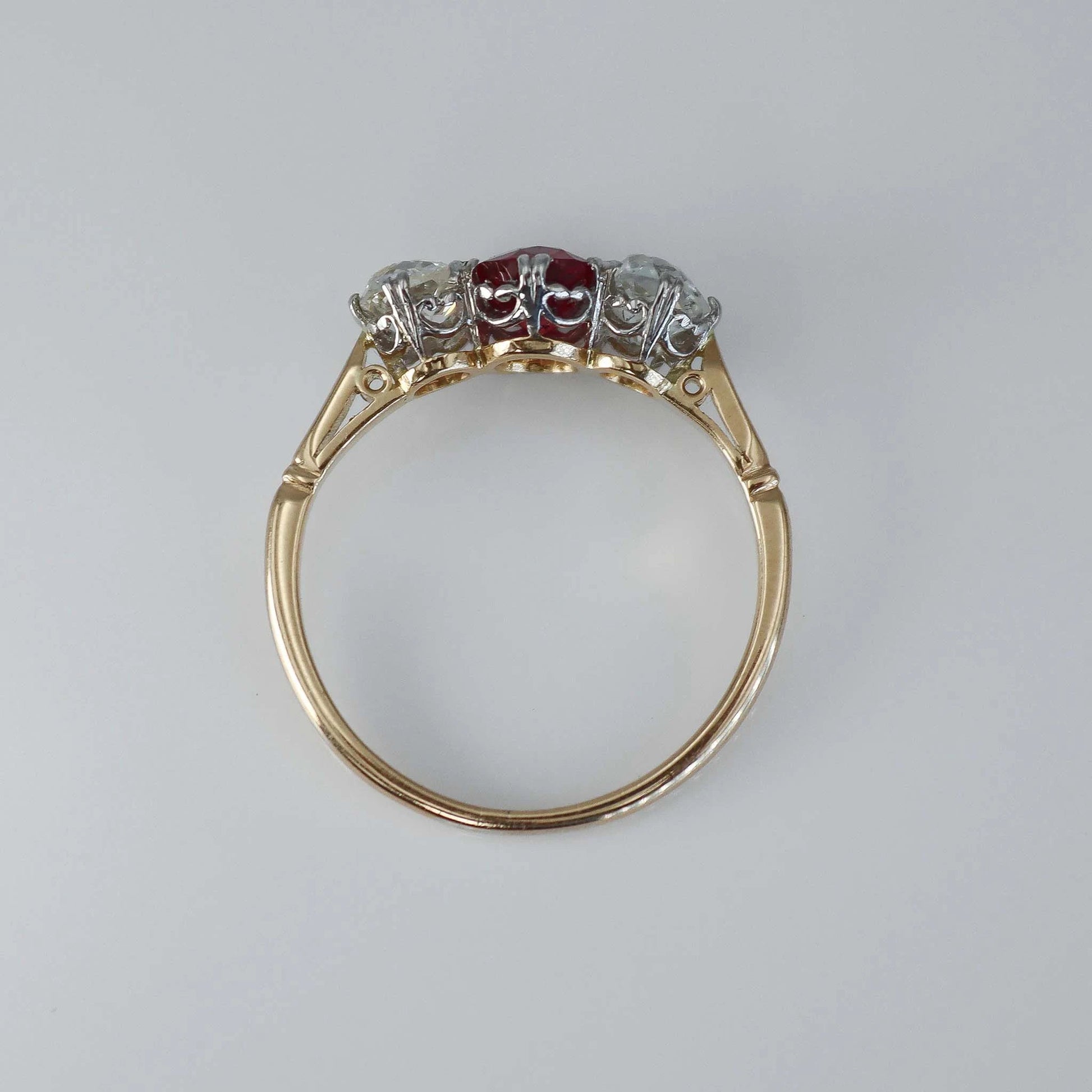 Art Deco 18ct Yellow Gold Ruby and Diamond Three Stone Ring - Friar House