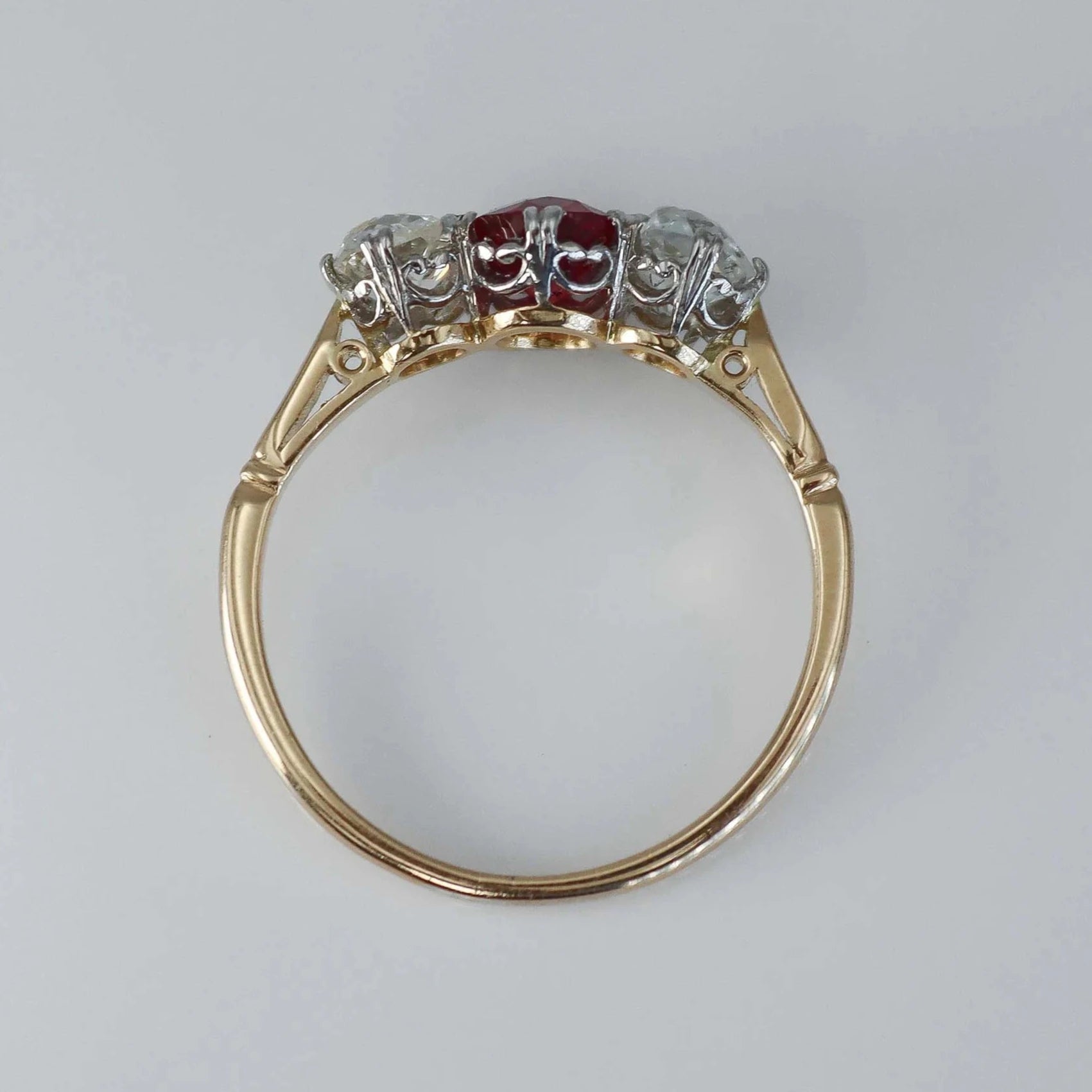 Art Deco 18ct Yellow Gold Ruby and Diamond Three Stone Ring - Friar House
