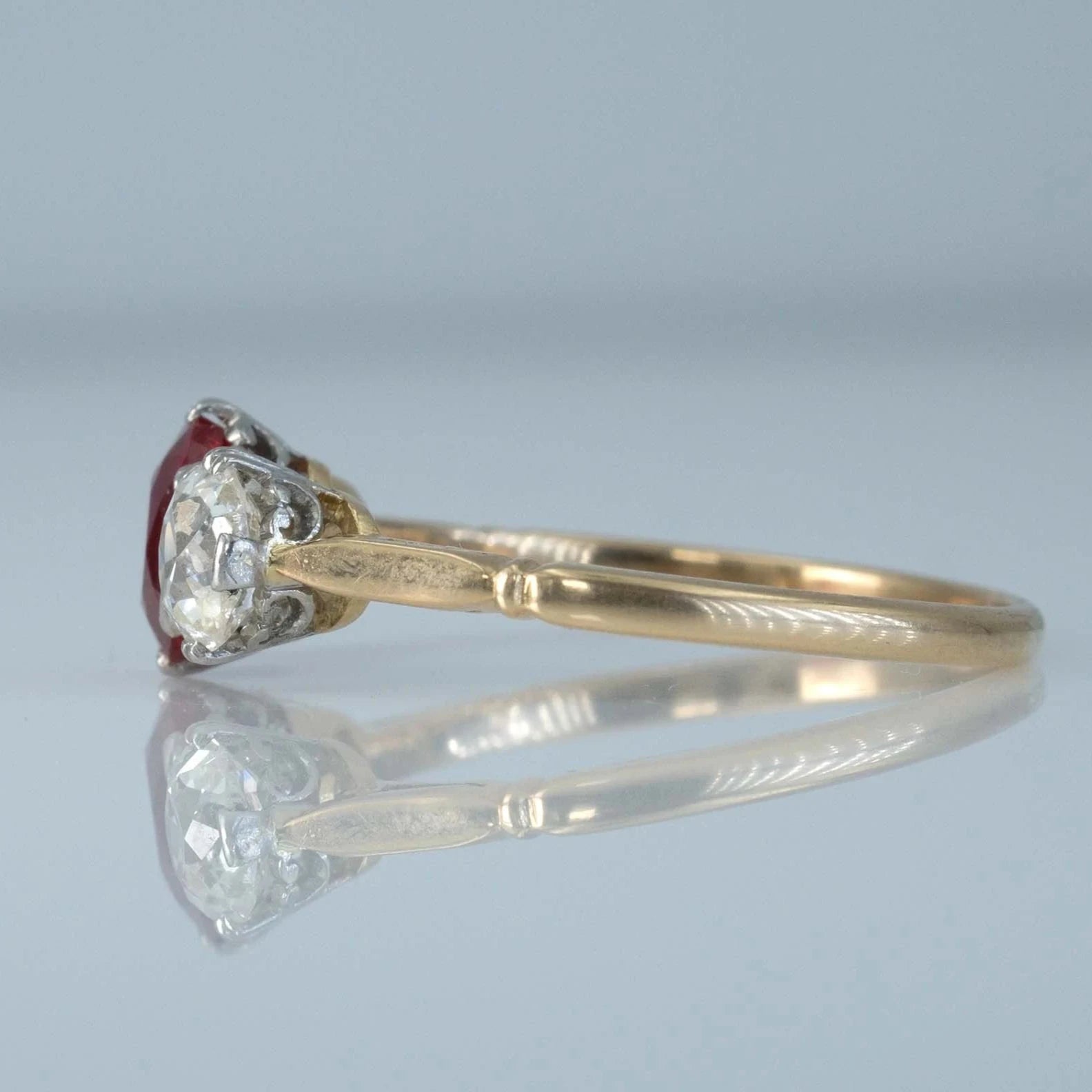 Art Deco 18ct Yellow Gold Ruby and Diamond Three Stone Ring - Friar House
