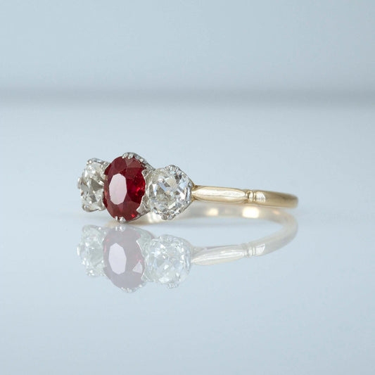 Art Deco 18ct Yellow Gold Ruby and Diamond Three Stone Ring - Friar House