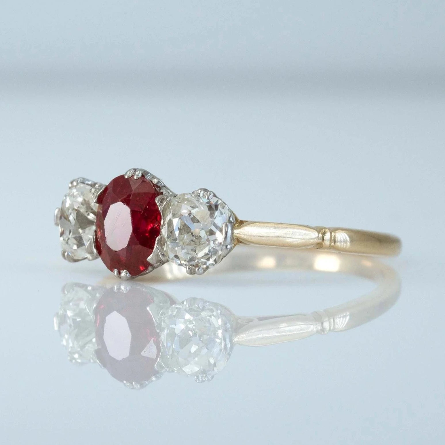 Art Deco 18ct Yellow Gold Ruby and Diamond Three Stone Ring - Friar House