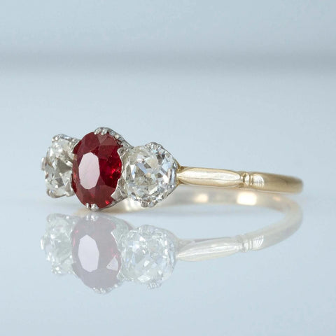 Art Deco 18ct Yellow Gold Ruby and Diamond Three Stone Ring