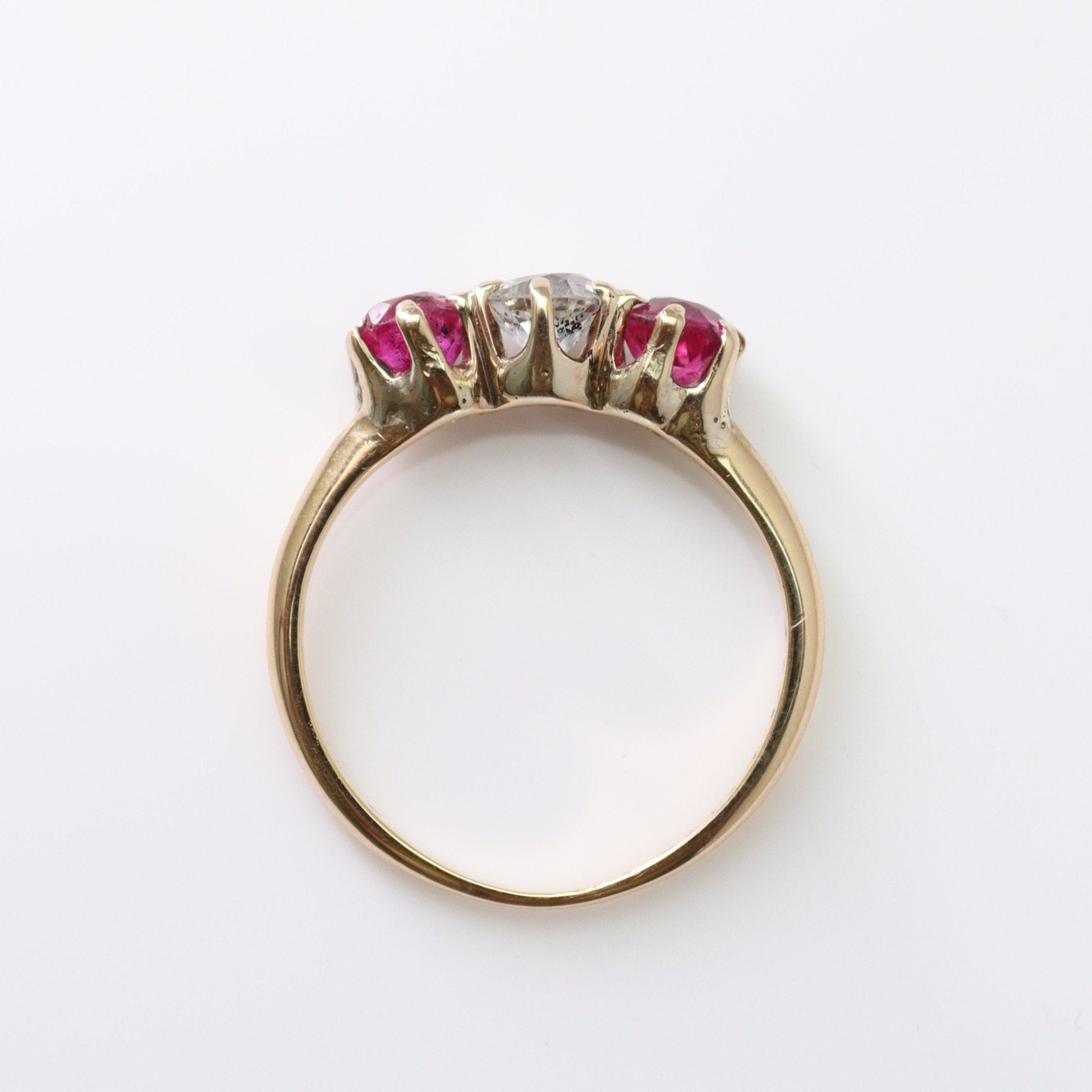 Art Deco 18ct Yellow Gold Ruby and Diamond Three Stone Ring - Friar House