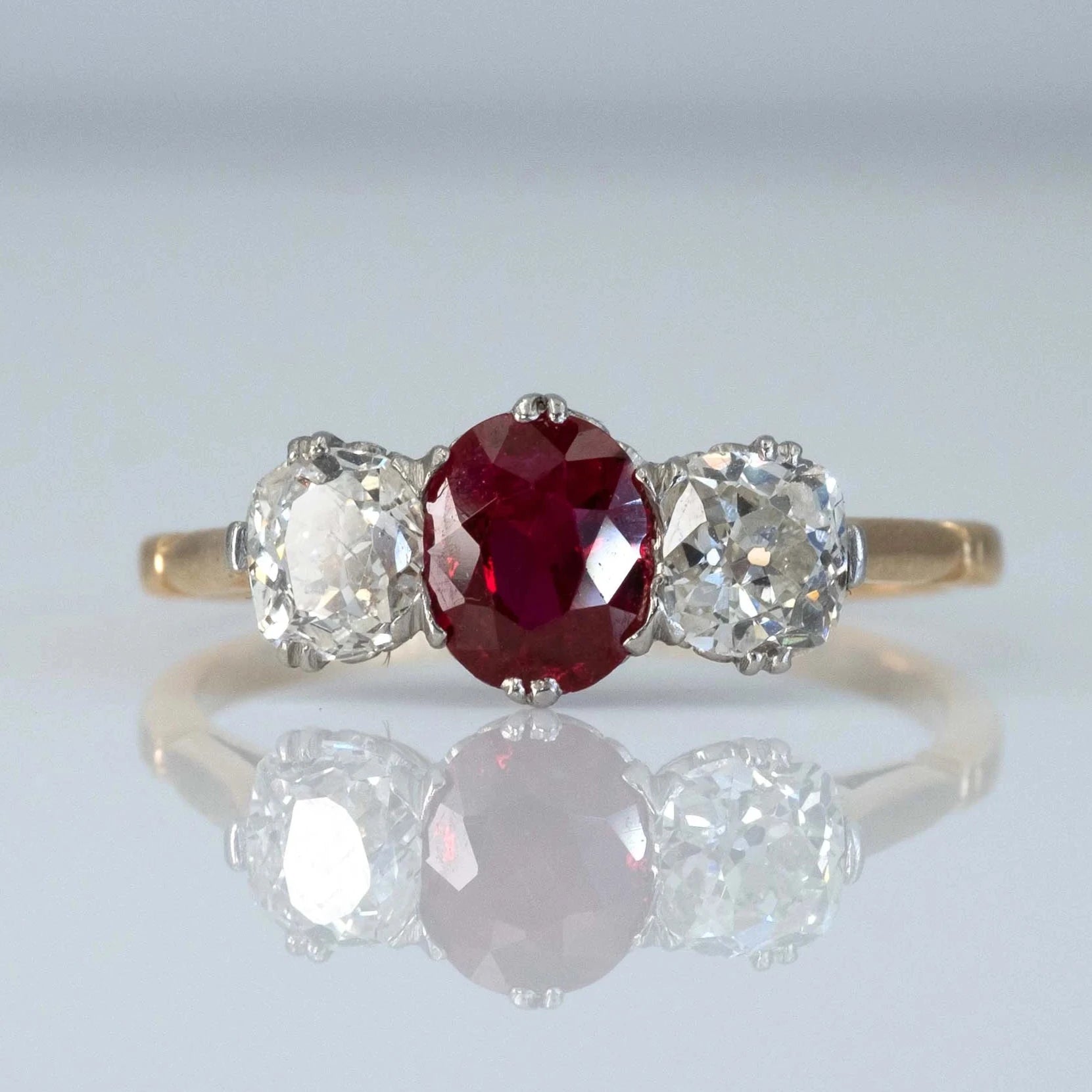 Art Deco 18ct Yellow Gold Ruby and Diamond Three Stone Ring - Friar House