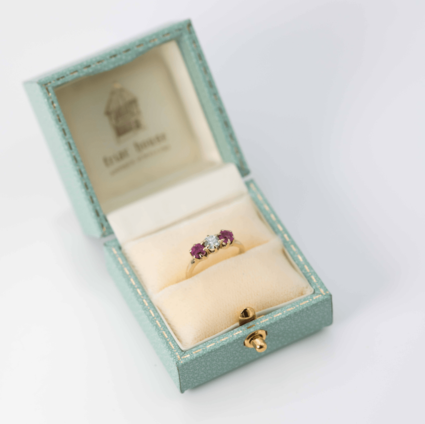 Art Deco 18ct Yellow Gold Ruby and Diamond Three Stone Ring - Friar House