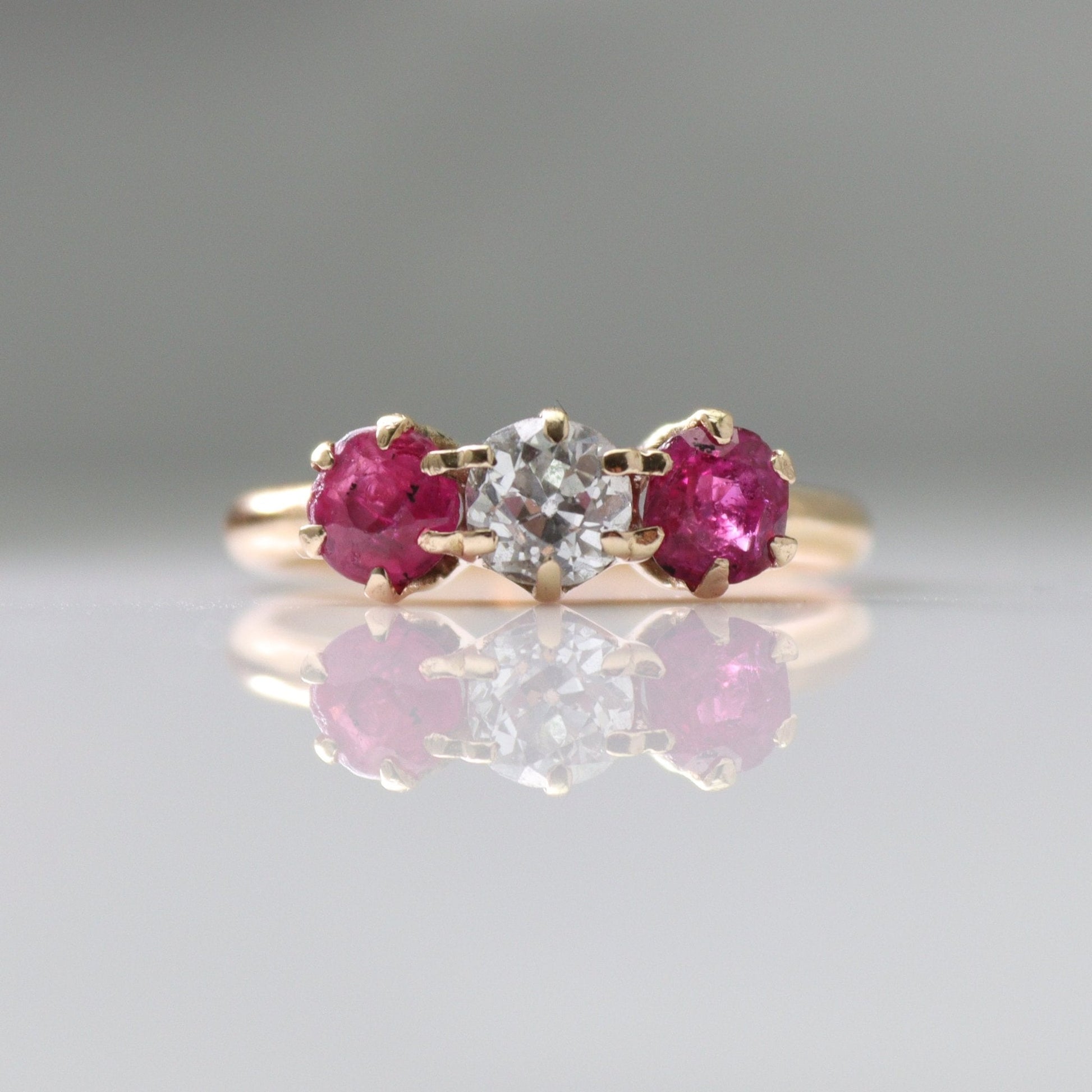 Art Deco 18ct Yellow Gold Ruby and Diamond Three Stone Ring - Friar House