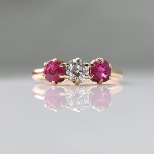 Art Deco 18ct Yellow Gold Ruby and Diamond Three Stone Ring - Friar House