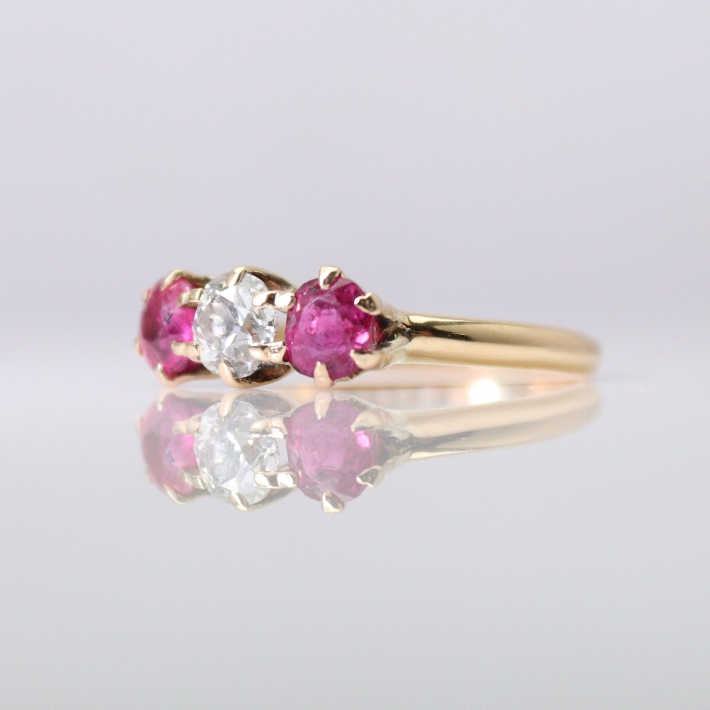 Art Deco 18ct Yellow Gold Ruby and Diamond Three Stone Ring - Friar House