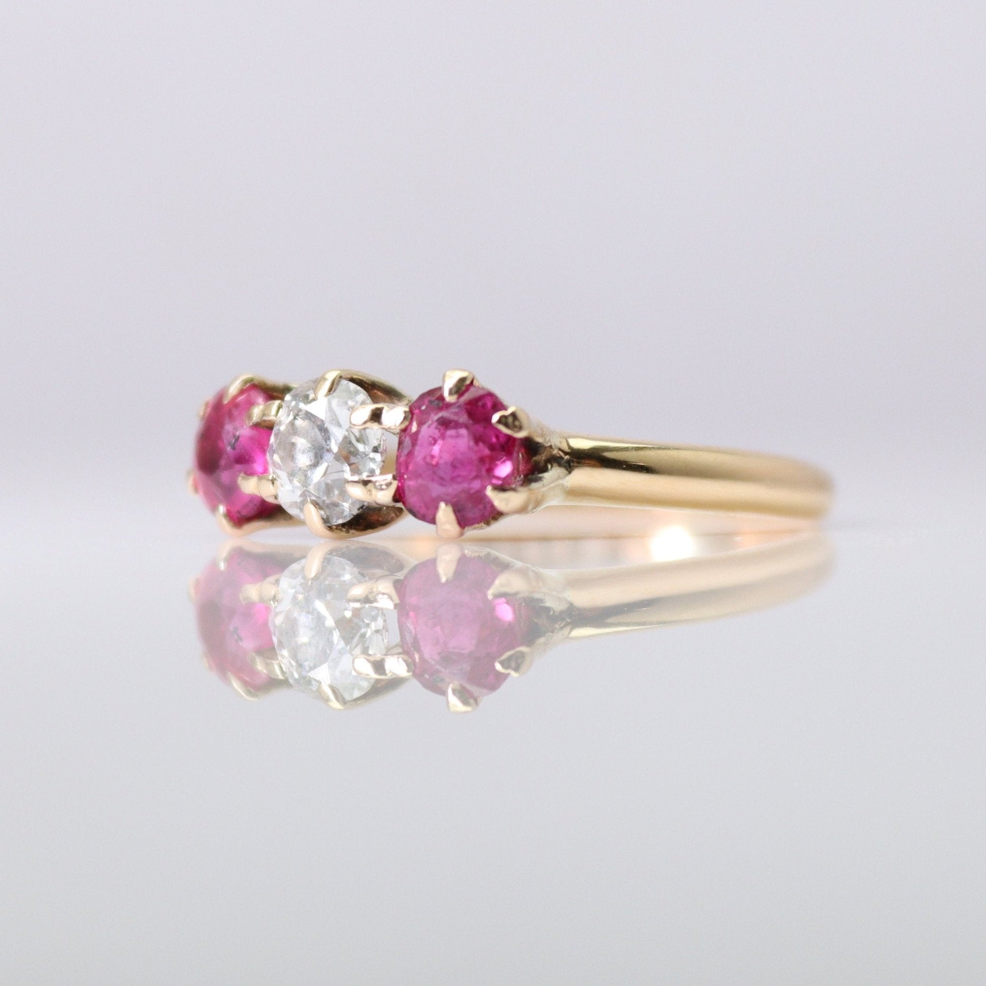 Art Deco 18ct Yellow Gold Ruby and Diamond Three Stone Ring - Friar House