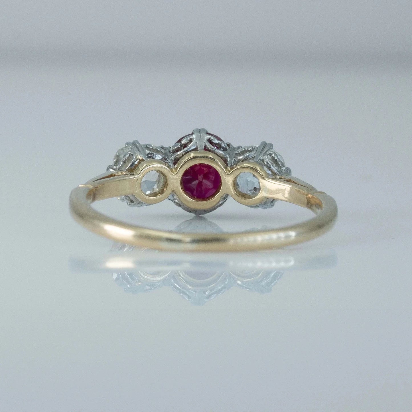 Art Deco 18ct Yellow Gold Ruby and Diamond Three Stone Ring - Friar House