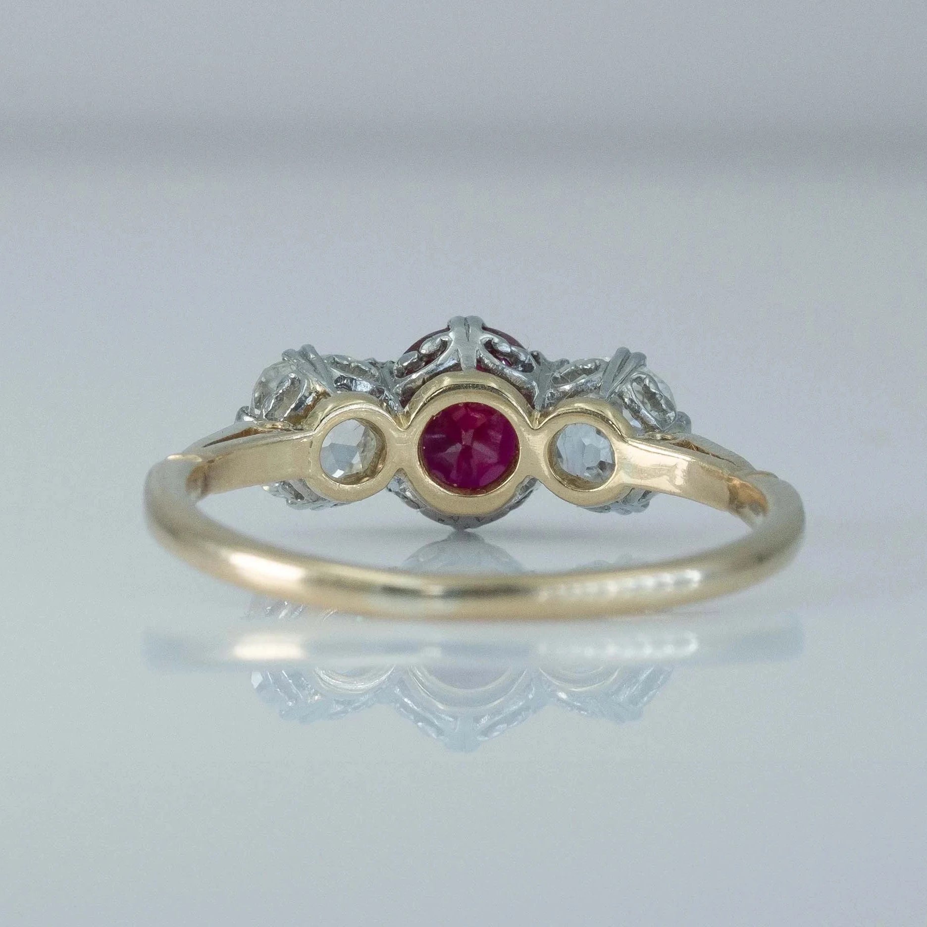 Art Deco 18ct Yellow Gold Ruby and Diamond Three Stone Ring - Friar House