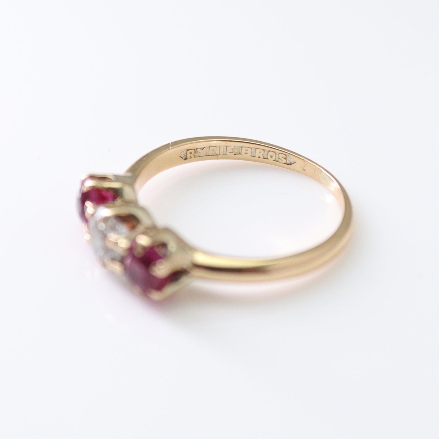 Art Deco 18ct Yellow Gold Ruby and Diamond Three Stone Ring - Friar House