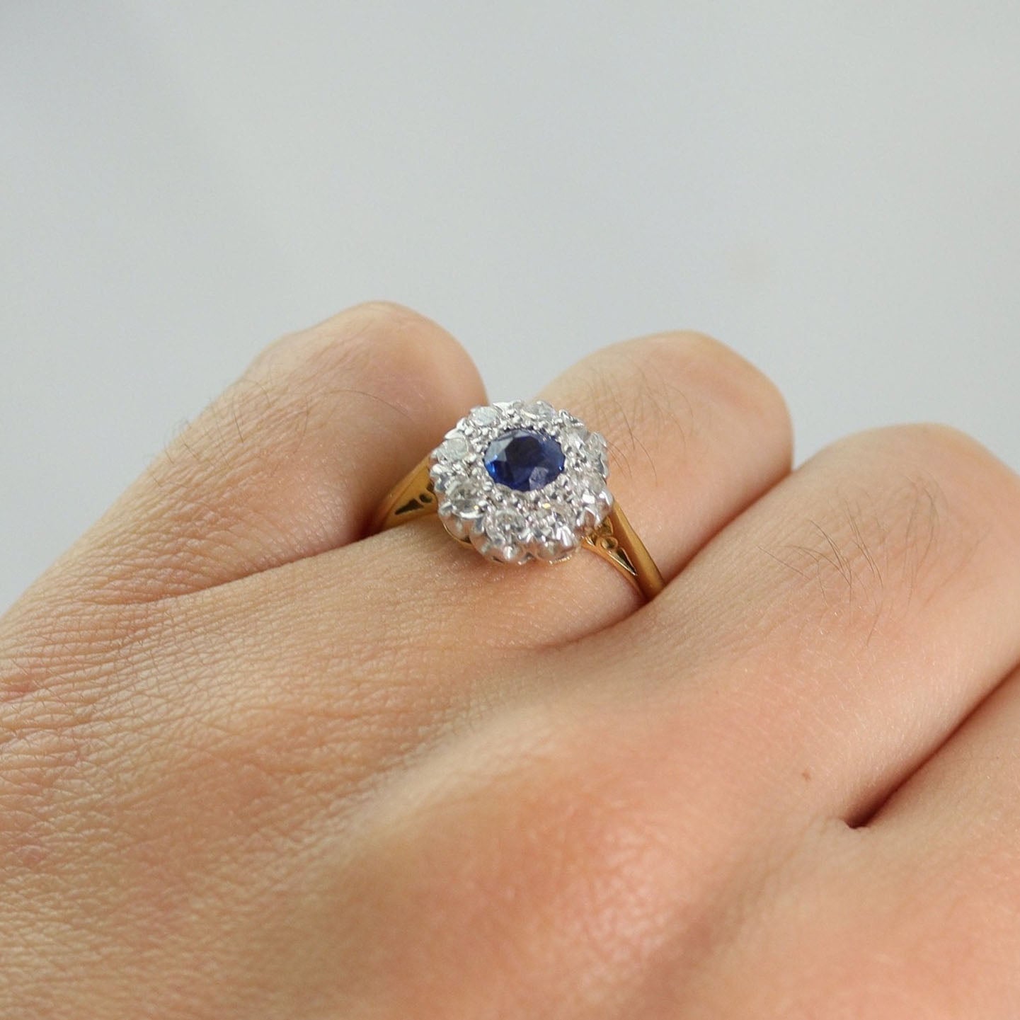 Art Deco 18ct Yellow Gold Sapphire and Diamond Cluster Ring - Friar House