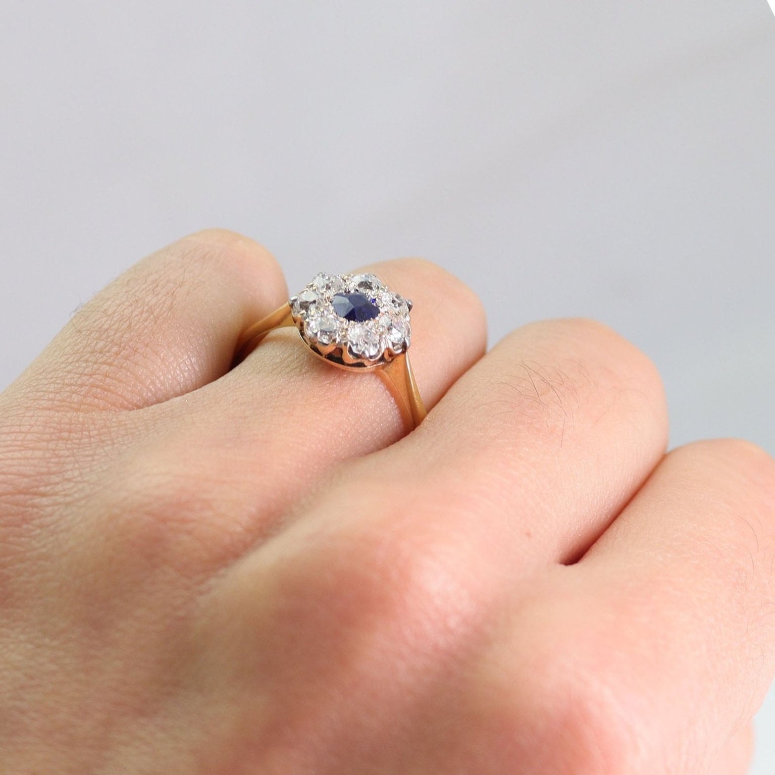 Art Deco 18ct Yellow Gold Sapphire and Diamond Cluster Ring - Friar House