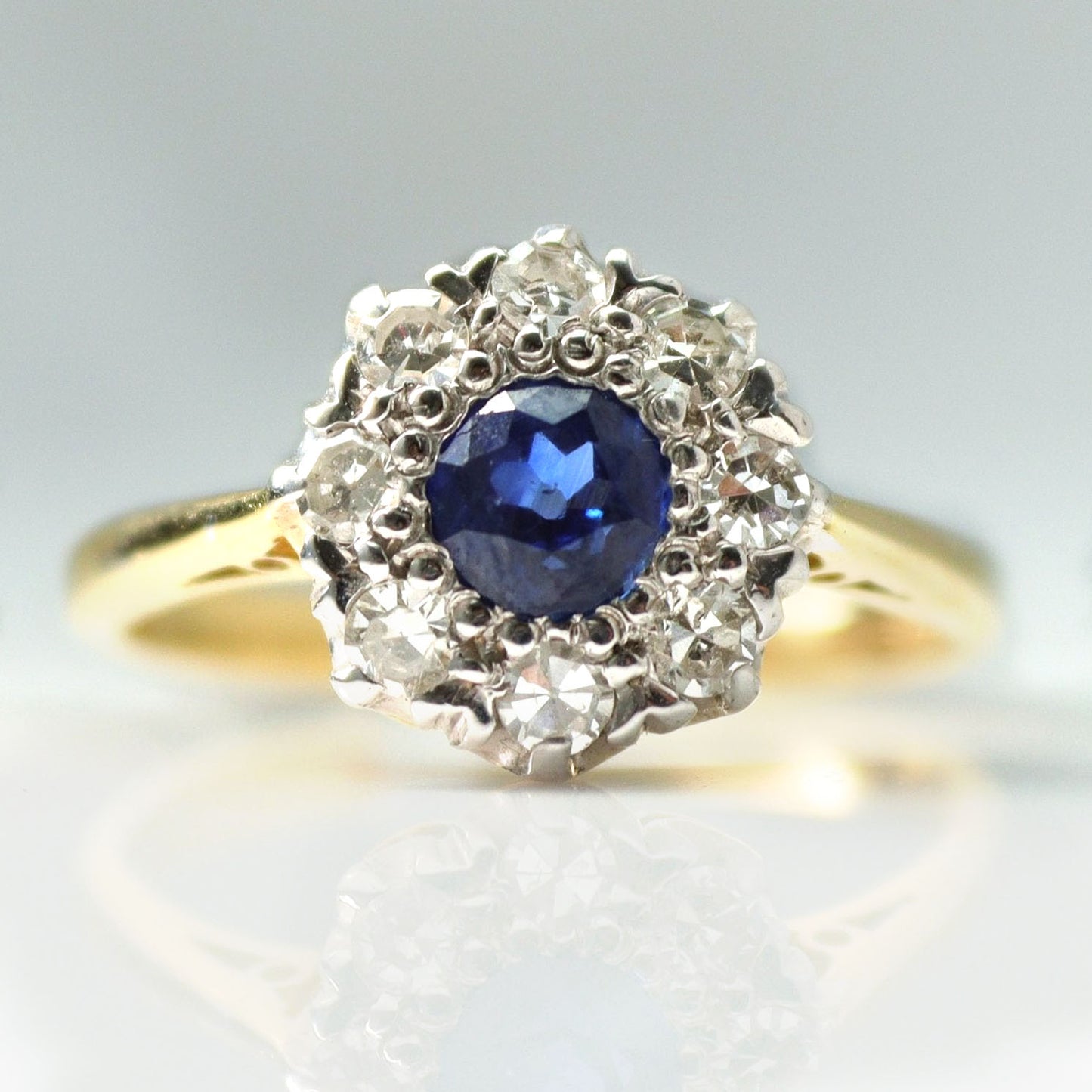Art Deco 18ct Yellow Gold Sapphire and Diamond Cluster Ring - Friar House