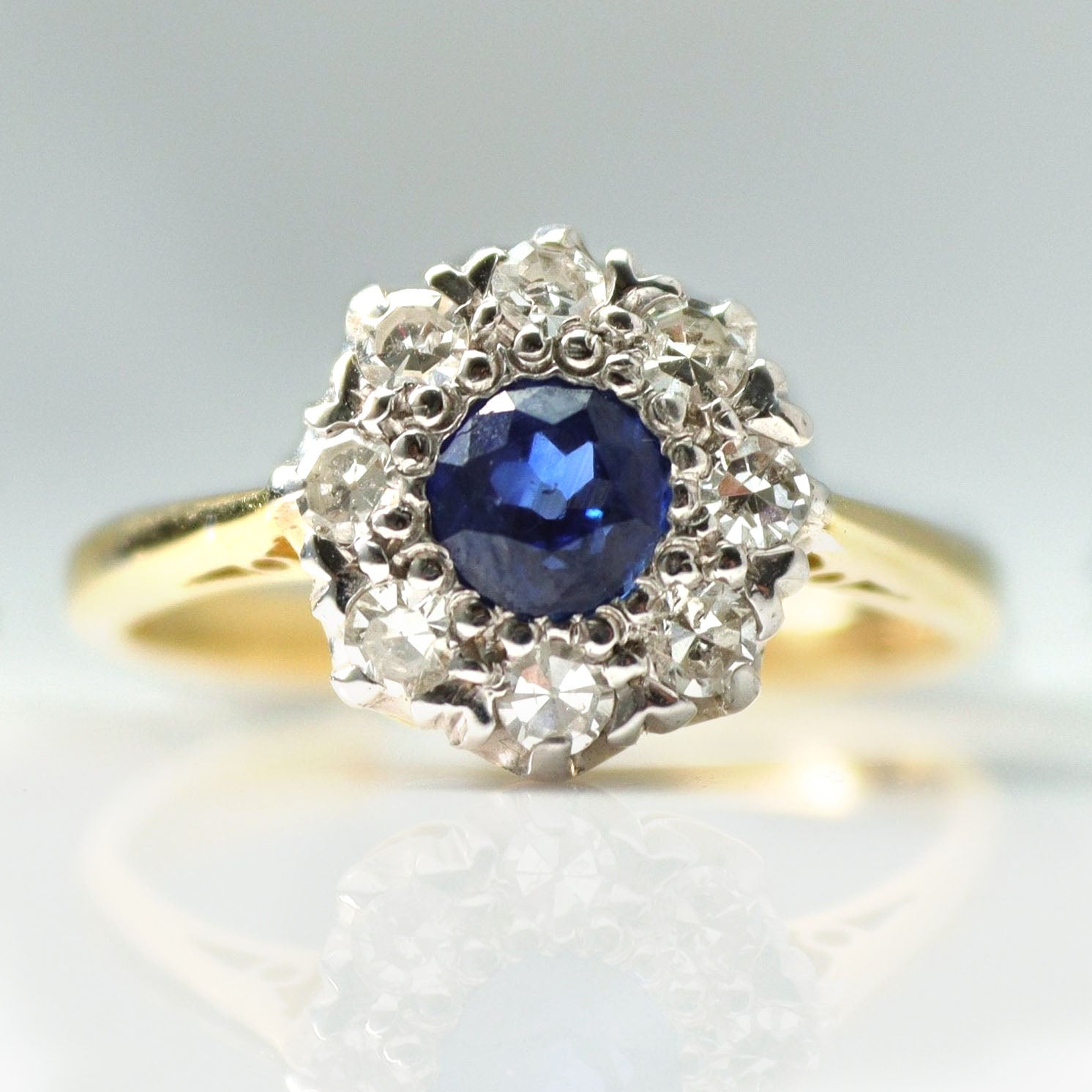 Art Deco 18ct Yellow Gold Sapphire and Diamond Cluster Ring - Friar House