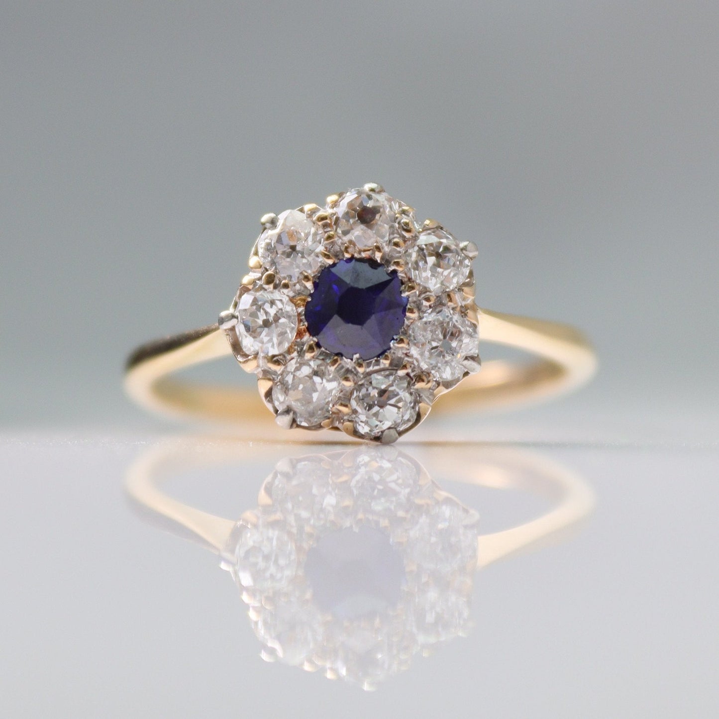 Art Deco 18ct Yellow Gold Sapphire and Diamond Cluster Ring - Friar House