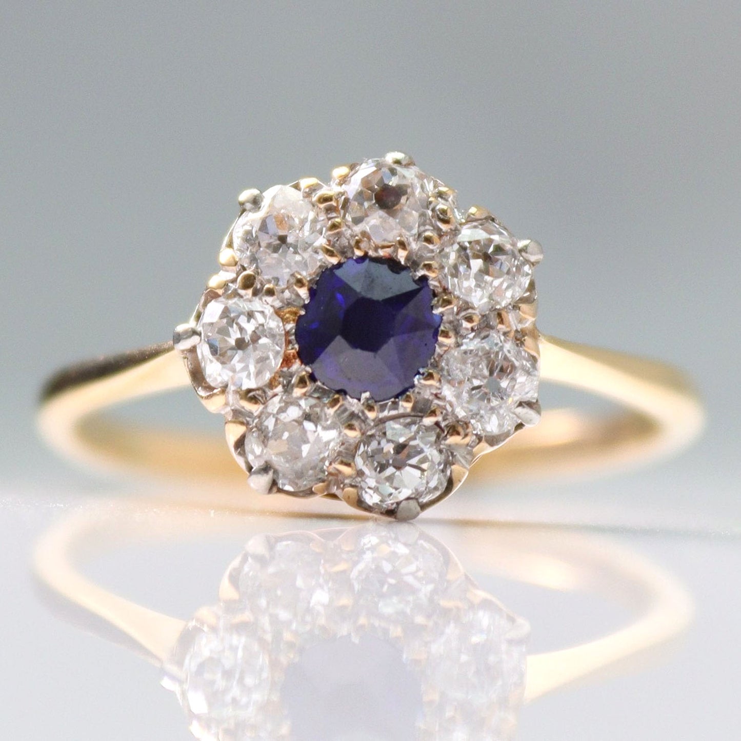 Art Deco 18ct Yellow Gold Sapphire and Diamond Cluster Ring - Friar House