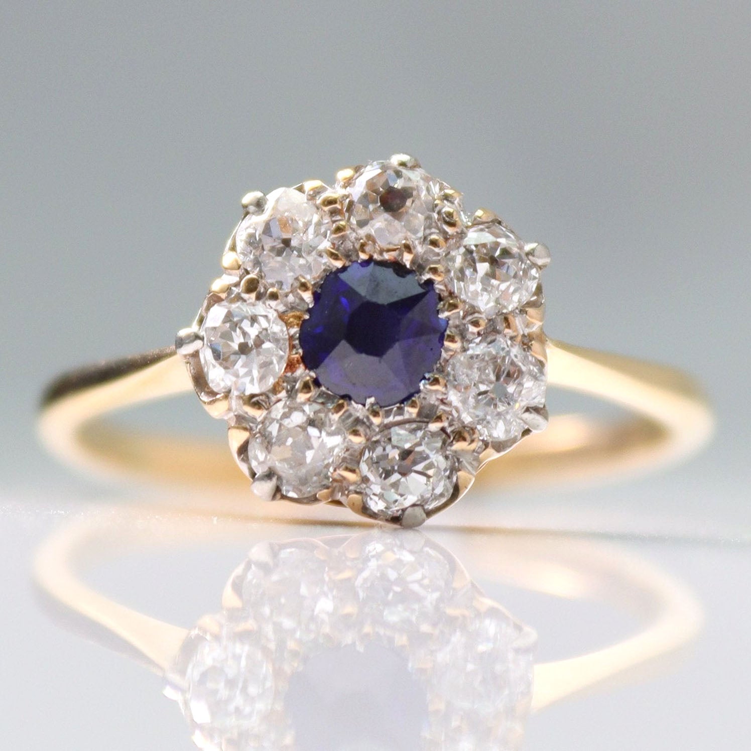 Art Deco 18ct Yellow Gold Sapphire and Diamond Cluster Ring - Friar House