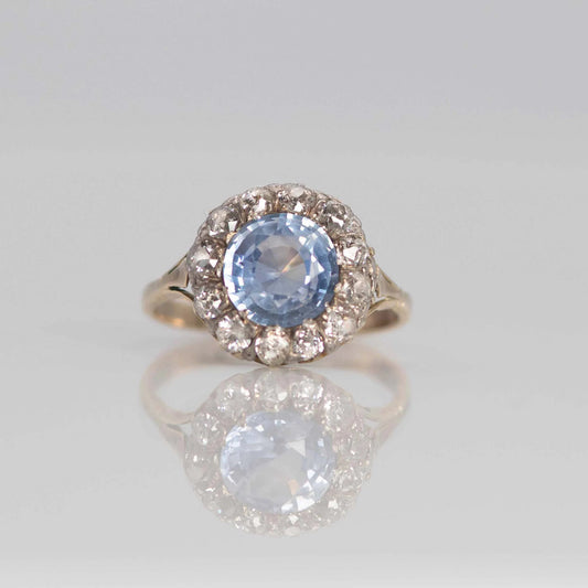 Art Deco 1920's 18ct Yellow Gold Cornflower Blue Sapphire and Diamond Cluster Ring - Friar House