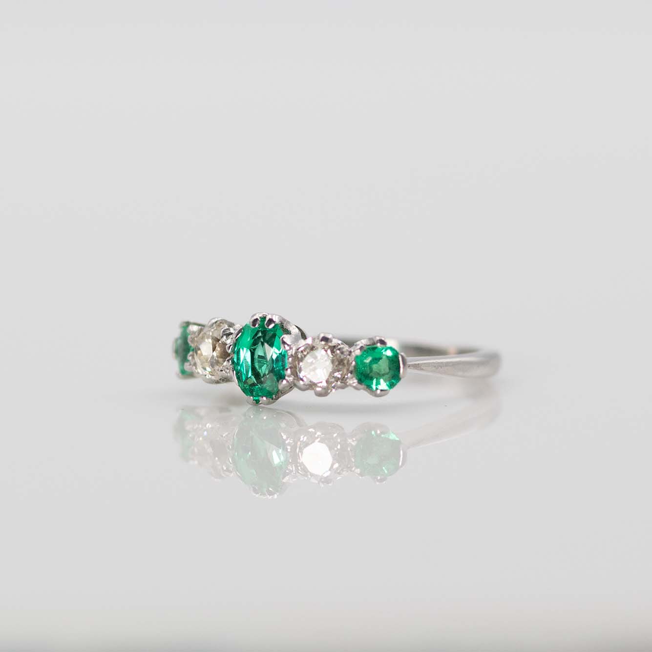 Art Deco 1920's Platinum Emerald and Diamond Five Stone Ring - Friar House