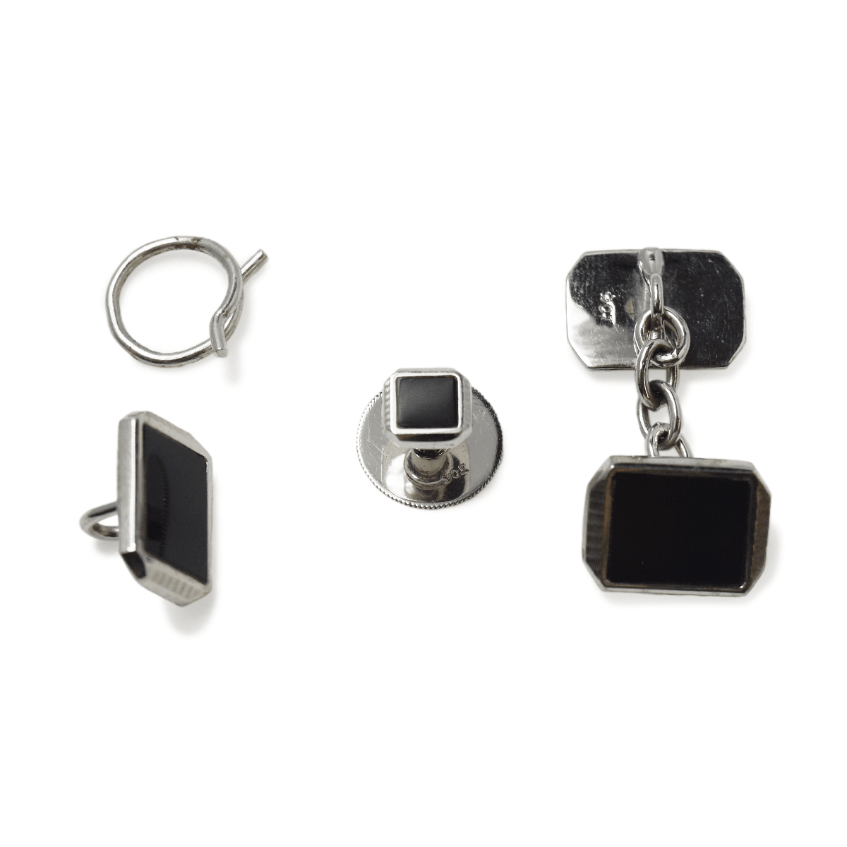 Art Deco 9ct White Gold Onyx Cufflinks Dress Set - Friar House