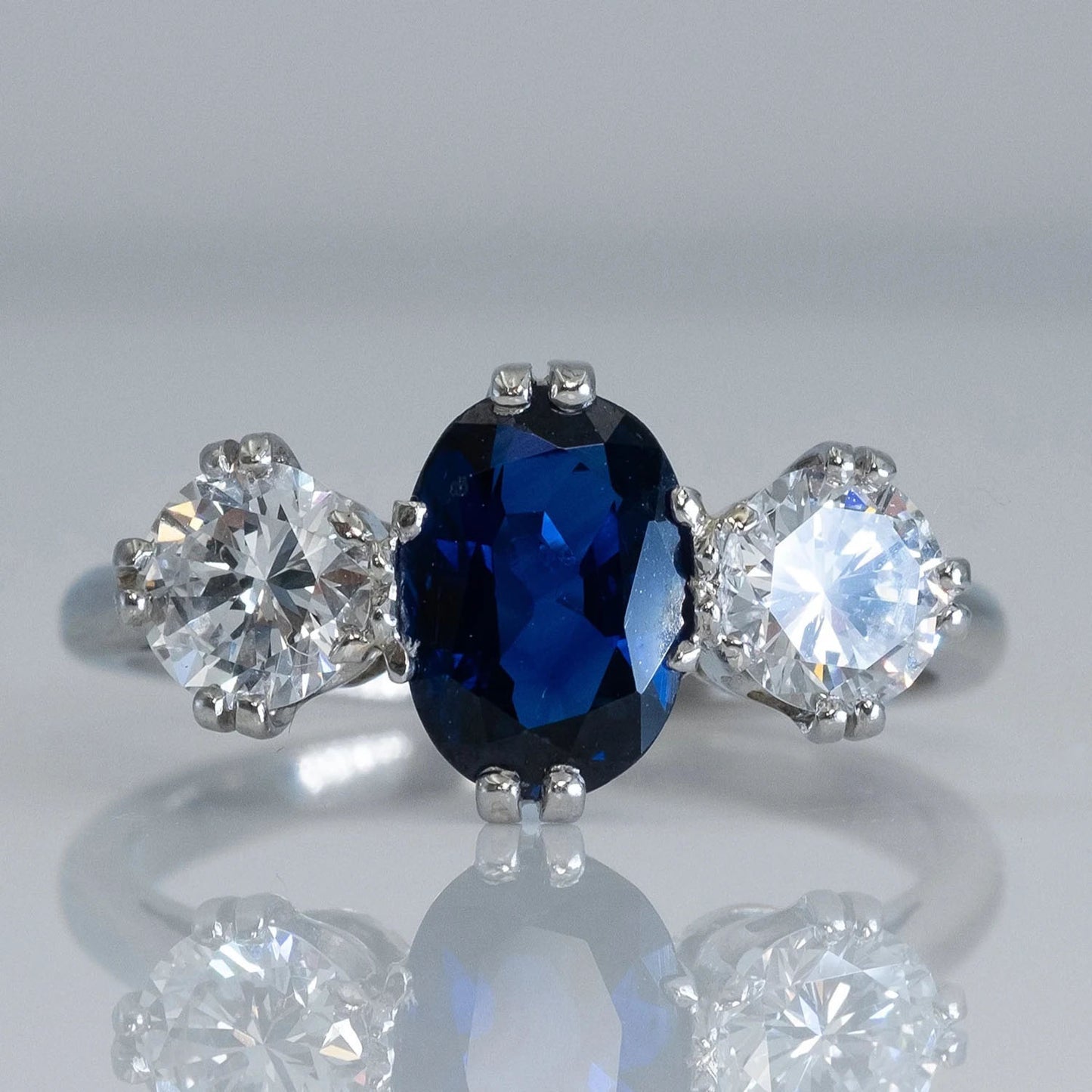 Art Deco Platinum 1.4 carat Sapphire and Diamond Three Stone Ring - Friar House