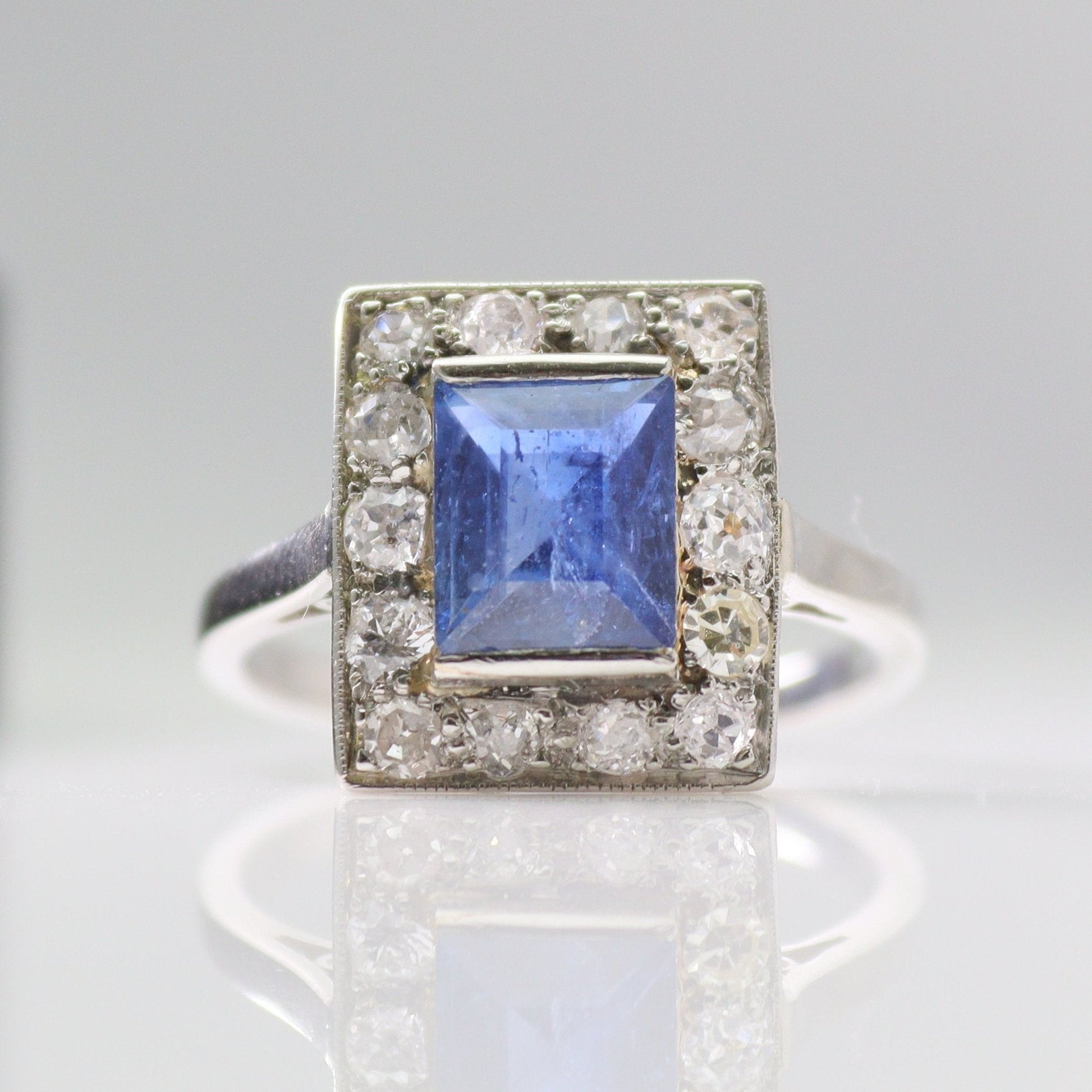 Art Deco Platinum 1.8 carat Sapphire and Diamond Cluster Ring - Friar House