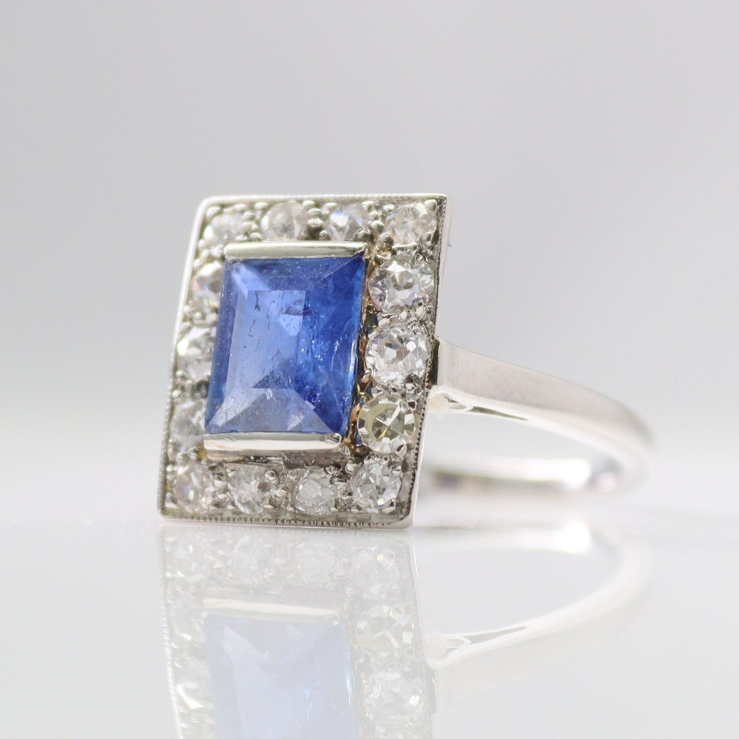 Art Deco Platinum 1.8 carat Sapphire and Diamond Cluster Ring - Friar House