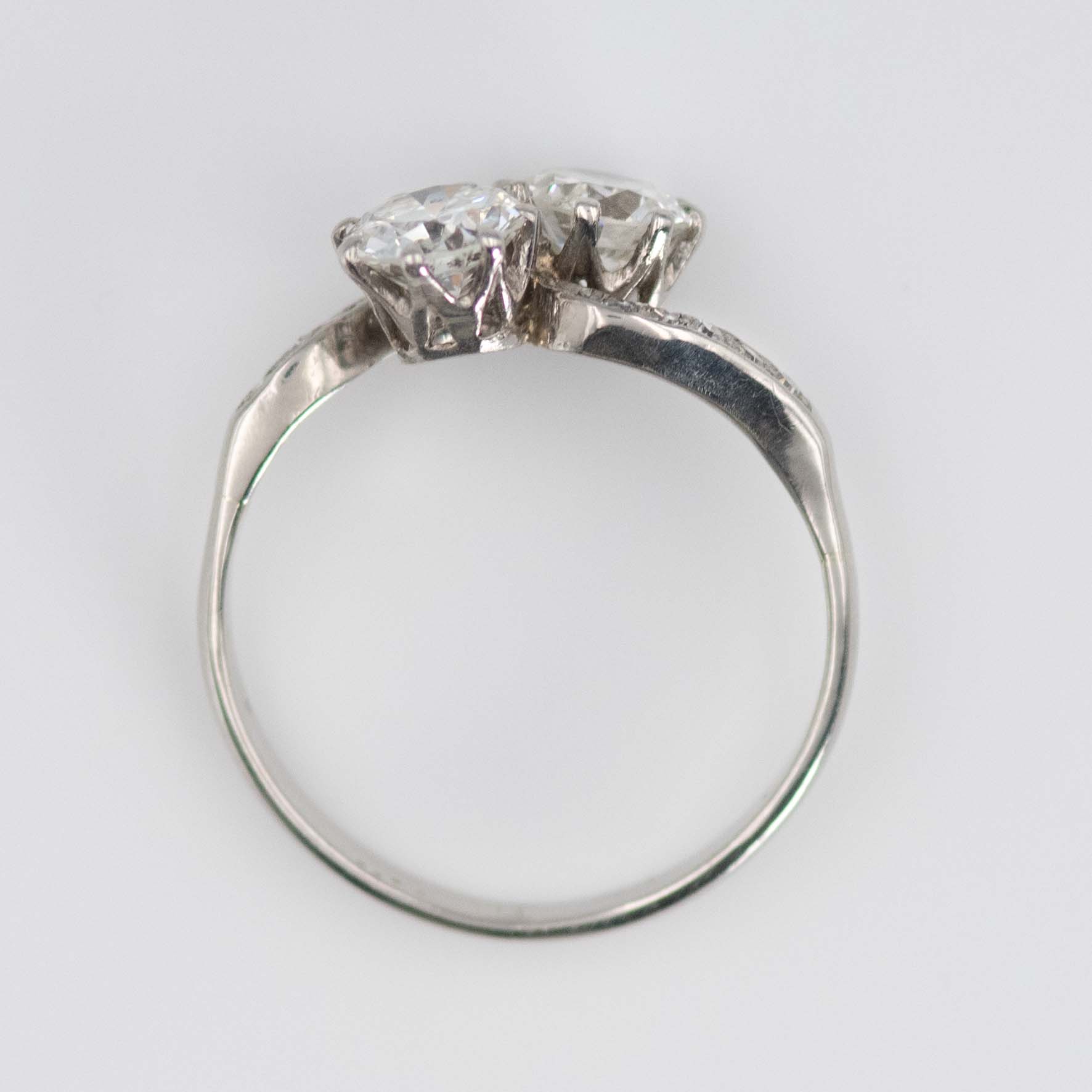 Art Deco Platinum Diamond Two Stone Crossover ring - Friar House