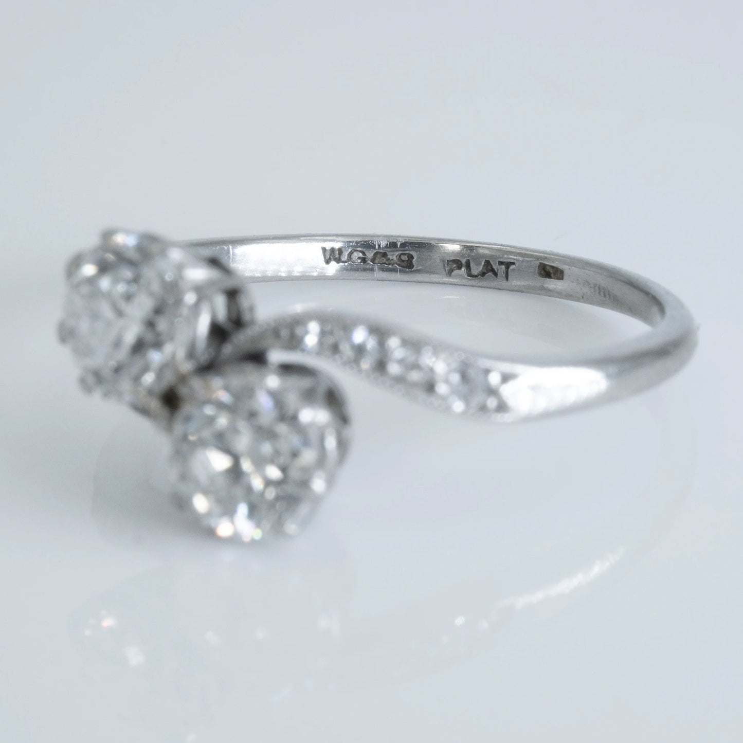 Art Deco Platinum Diamond Two Stone Crossover Ring - Friar House