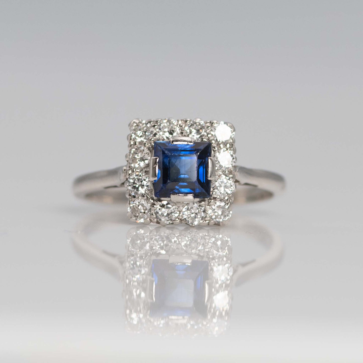 Art Deco Platinum Square Sapphire and Diamond Cluster ring - Friar House