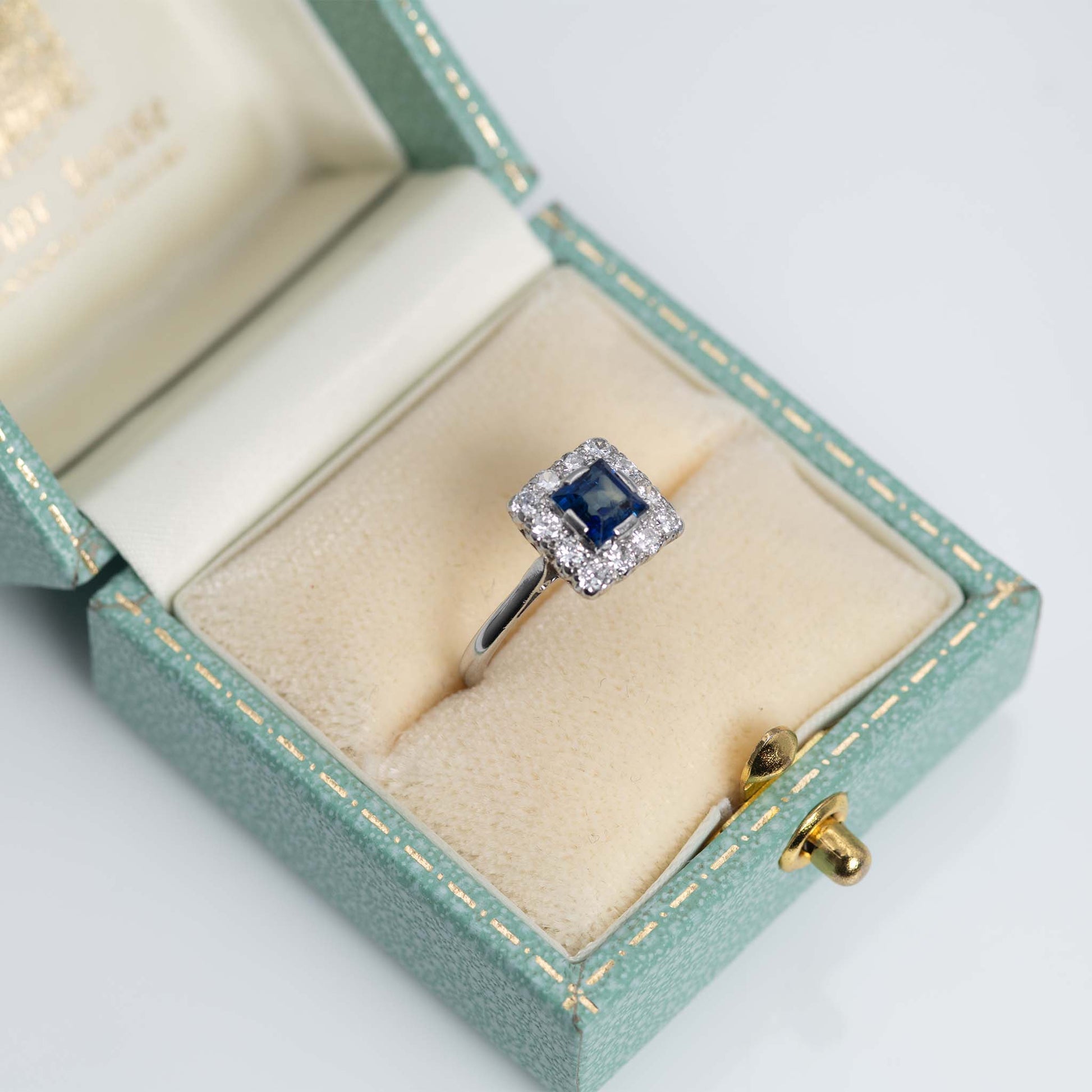 Art Deco Platinum Square Sapphire and Diamond Cluster ring - Friar House