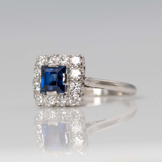 Art Deco Platinum Square Sapphire and Diamond Cluster ring - Friar House